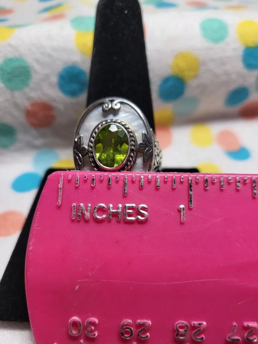 Vintage Artisan Sterling Silver Peridot & Mother of Pearl Statement Ring